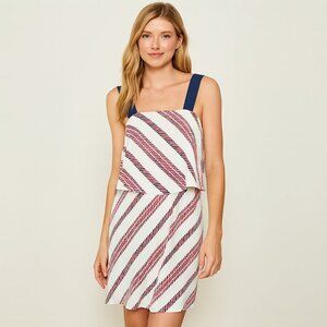2/$30 ZARA Striped Ruffle Dress Ecru Navy Red Sleeveless Square Neck Mini #7057